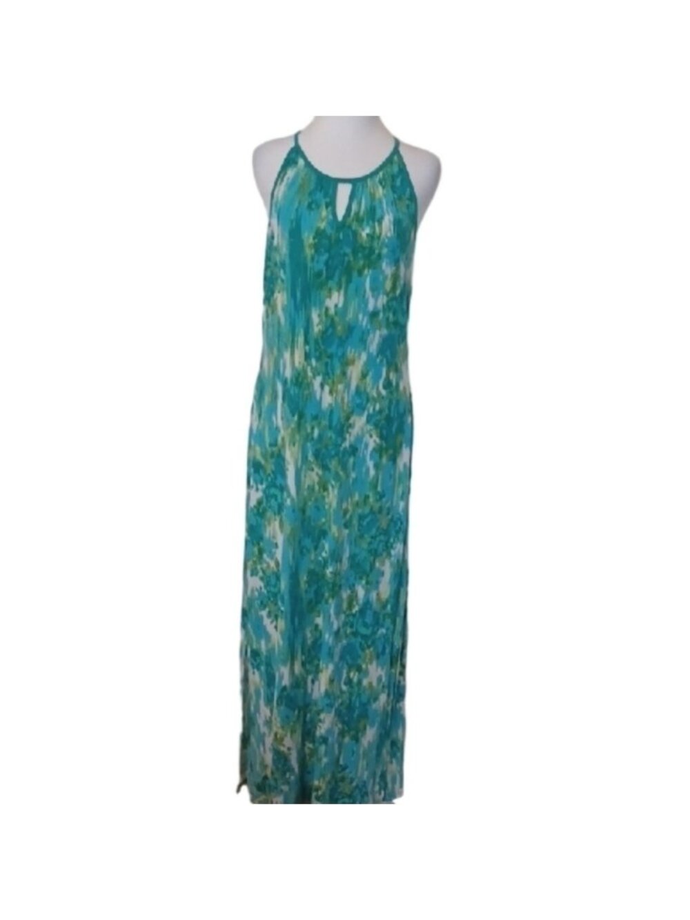 -- Green and White Sleeveless Maxi Dress With Slits On Both Sides Women's Medium